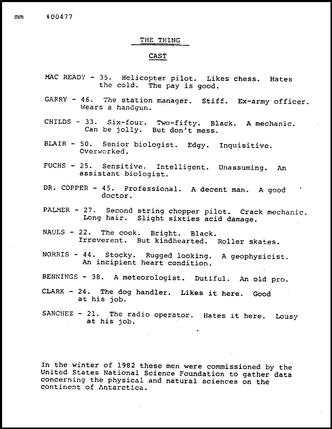 Extrait du script de The Thing (1982)